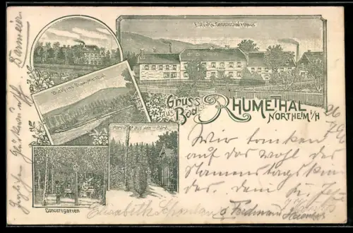 Lithographie Northeim i. H., E. Huchs Gesellschaftshaus, Concertgarten, Partie aus dem Park