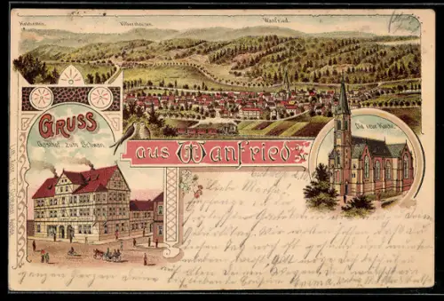 Lithographie Wanfried, Gasthof zum Schwan, Die neue Kirche