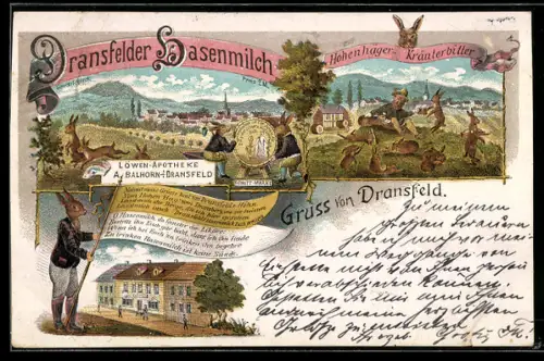 Lithographie Dransfeld, Löwen-Apotheke, Inh. A. Balhorn, Dransfelder Hasenmilch