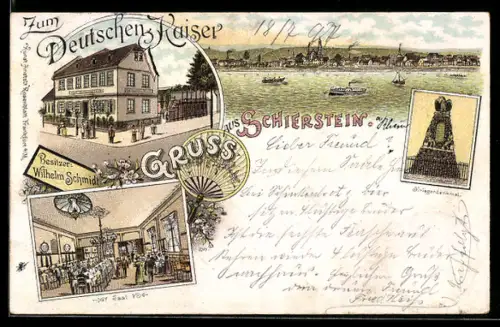 Lithographie Schierstein, Gasthof zum Deutschen Kaiseer mit Innenansicht, Kriegerdenkmal