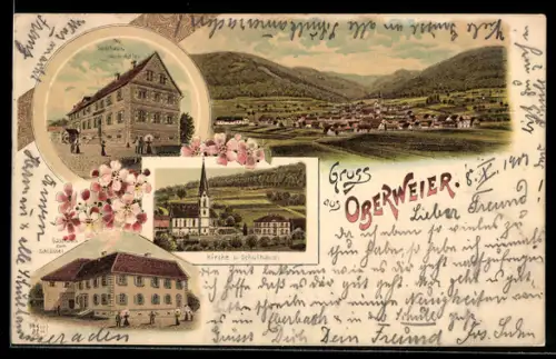 Lithographie Oberweier, Gasthaus zum Schlüssel, Gasthaus zum Adler, Kirche und Schulhaus