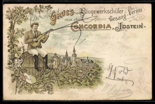 Lithographie Idstein, Baugewerkschüler Gesang-Verein Concordia, Sänger auf einem Fass