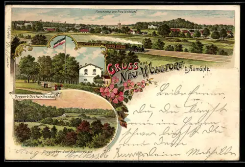Lithographie Neu-Wohltorf b. Aumühle, Greper`s Gasthof, Gruppe aus dem Sachsenwald, Panorama