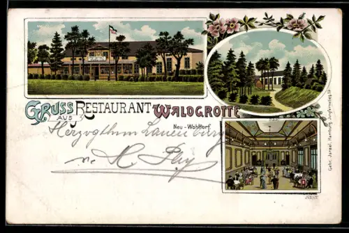 Lithographie Neu-Wohltorf, Restaurant Waldgrotte, Innenansicht Saal