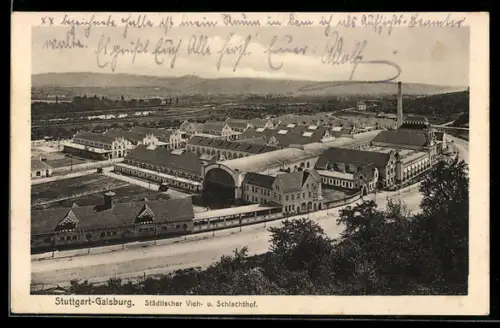 AK Stuttgart-Gaisburg, Städtischer Vieh- und Schlachthof aus der Vogelschau
