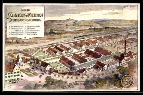 Künstler-AK Stuttgart-Gaisburg, Schlacht- und Viehhof, Restaurant und Börse, Kühlhaus