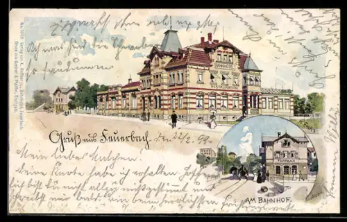 Lithographie Feuerbach, Partie am Bahnhof, Bahnhotel und Restaurant