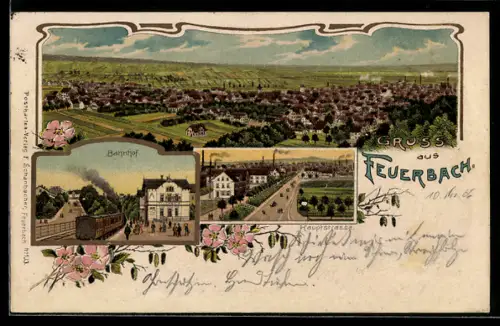 Lithographie Feuerbach, Bahnhof, Blick in die Hauptstrasse