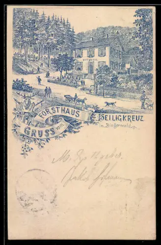 Lithographie Bingen / Rhein, Gasthof Forsthaus Heiligkreuz mit Garten