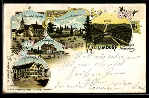 Lithographie Weilimdorf, Schlösschen auf dem Bergheimerhof, Gasthof zum Adler