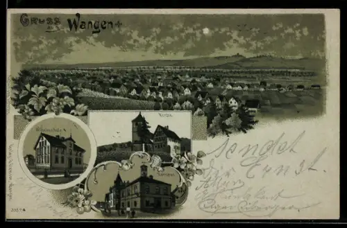 Mondschein-Lithographie Wangen, Rathaus, Wilhelmschule, Totalansicht