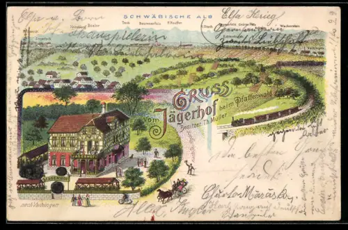 Lithographie Vaihingen /Fildern, Gasthaus Jägerhof, Bes. Th. Müller, Bahngleise mit Dampflok