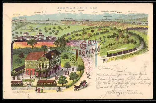 Lithographie Stuttgart, Gasthaus Jägerhof beim Pfaffenwald, Schwäbische Alb