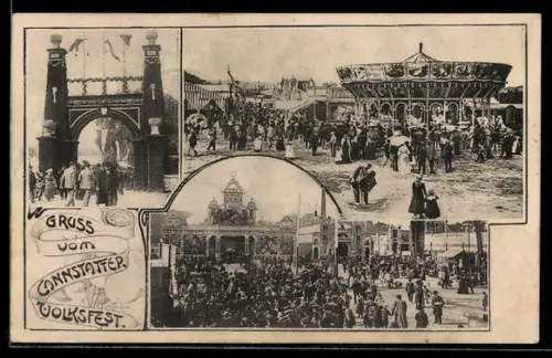 AK Cannstatt, Cannstatter Volksfest, Grand Carousel H. Haase, Menschenmenge vor dem Tor