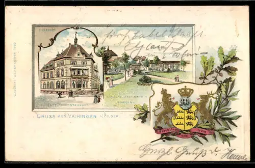 Passepartout-Lithographie Vaihingen a. Filder, Hotel-Restaurant Filderhof m. Stallung, Kegelbahn & Garten, Wappen