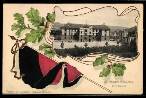 Präge-AK Stuttgart-Ostheim, Bergkaserne, Rahmen mit Eichenlaub