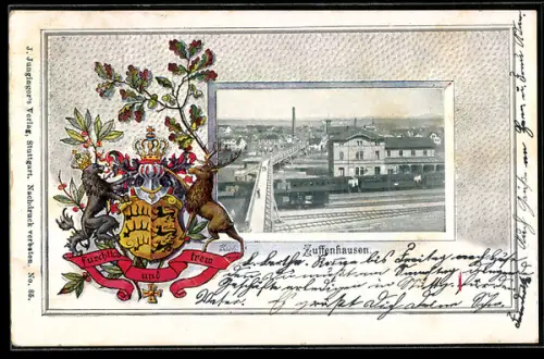 Passepartout-Lithographie Zuffenhausen, Bahnhof im Passepartout mit Wappen