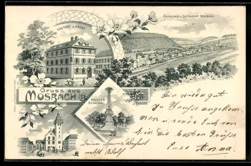 Lithographie Mosbach i. B., Gasthof zur Krone, Kriegerdenkmal, Rathaus