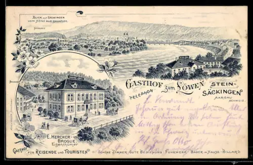 Lithographie Stein am Rhein, Gasthof zum Löwen, Inh. E. Hercher-Broglie, Flusspartie im Ort