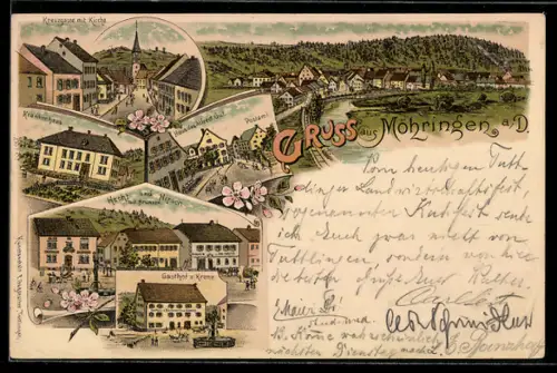 Lithographie Möhringen a. D., Kreuzgasse mit Kirche, Krankenhaus, Gasthof z. Krone