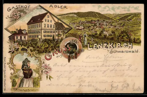 Lithographie Lenzkirch im Schwarzwald, Gasthof zum Adler, Schwaruwälderin, Ortsansicht aus der Vogelschau
