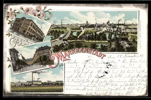 Lithographie Markranstädt, Schule, Könighsstrasse, Bahngleise mit Dampflok