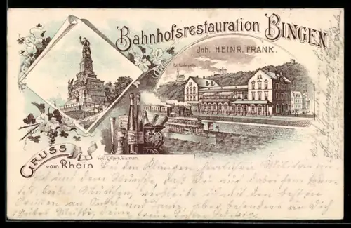 Lithographie Bingen, Bahnhofsrestaurant an der Promenade, Dampfer, Rochuskapelle, Denkmal