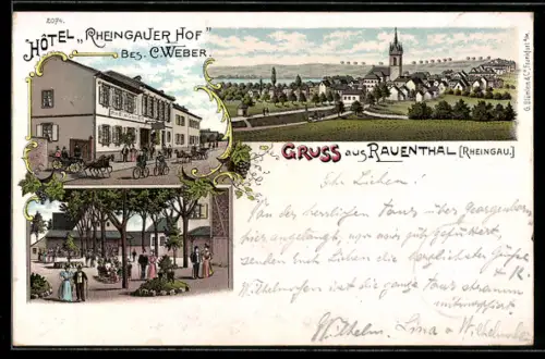 Lithographie Rauenthal /Rheingau, Hotel Rheingauer Hof, Ortspartie, Teilansicht mit Kirche