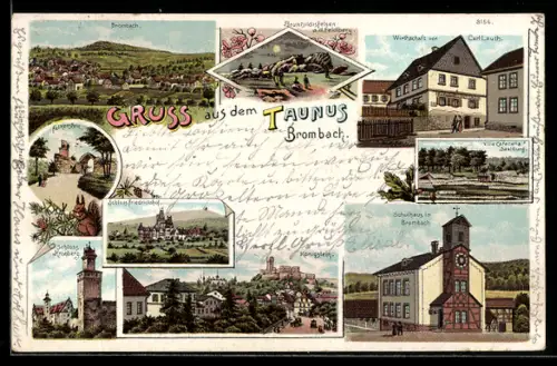 Lithographie Brombach /Taunus, Gasthaus v. Carl Lauth, Schulhaus, Villa Caracella, Falkenstein