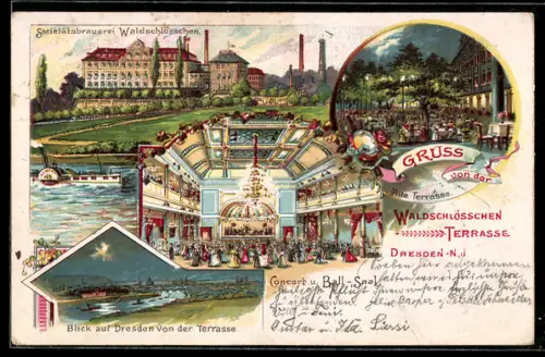 Lithographie Dresden-N., Waldschlösschen Terrasse mit Societätsbrauerei