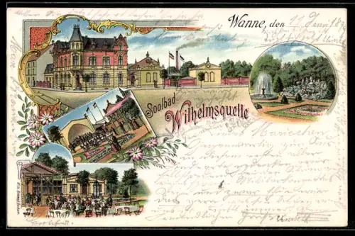 Lithographie Wanne, Soolbad Wilhelmsquelle, Springbrunnen im Park