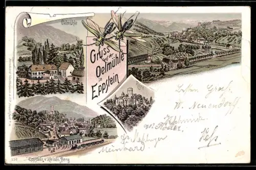Lithographie Eppstein, Oelmühle, Ruine, Teilansicht vom kleinen Berg