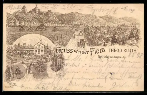 Lithographie Kettwig v. d. Brücke, Gasthaus Flora, Inh. Theod. Kluth