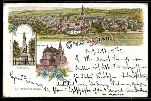 Lithographie Schweich, Kath. Kirche, Krieger-Denkmal, Ortsansicht mit Kirche