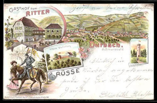 Lithographie Durbach / Schwarzwald, Gasthof Zum Ritter, Brandeckturm, Schloss Staufenberg