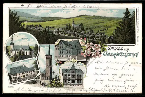 Lithographie Oberweissbach, Postamt, Diakonissenhaus, Fr. Fröbel's Geburtshaus