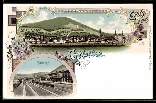 Lithographie Gemünden, Blick in den Bahnhof, Ortsansicht mit Kirche