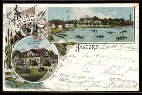 Lithographie Handorf, Kurhotel zur Linde, Blick zum Ort