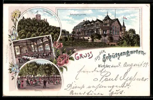 Lithographie Wetzlar, Gasthaus Schützengarten, Blick zur Burg Karlsmund