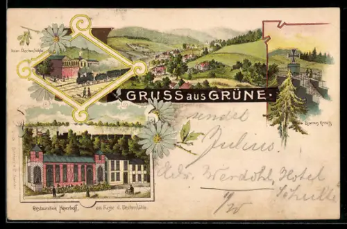 Lithographie Grüne, Restaurant Heyerhoff am Fusse der Dechenhöhle, Station Dechenhöhle