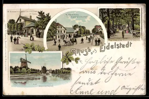 Lithographie Hamburg-Eidelstedt, W. Bissen`s Gasthaus, H. Ramke`s Gasthaus, Windmühle am Mühlenteich