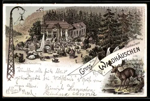 Lithographie Wiesbaden-Adamsthal, Restaurant Waldhäuschen mit Garten