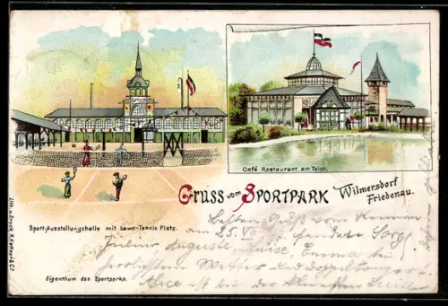 Lithographie Berlin-Friedenau, Sportpark mit Cafe Restaurant am Teich