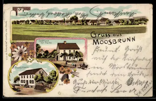 Lithographie Moosbrunn, Gasthaus zur Traube, Posthülfstelle