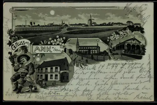 Mondschein-Lithographie Lank a. Rhn., Gasthof Weinschenke v. Jos. van Dawen Söhne, Veranda, Kirche