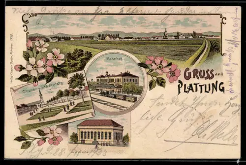 Lithographie Plattling, Totalansicht, Bahnhof, Oberer Stadtplatz, Turnhalle