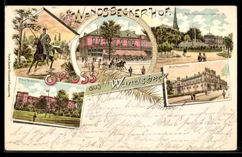 Lithographie Hamburg-Wandsbek, Hotel Wandsbeckerhof, Alte Kaserne, Neue Kaserne