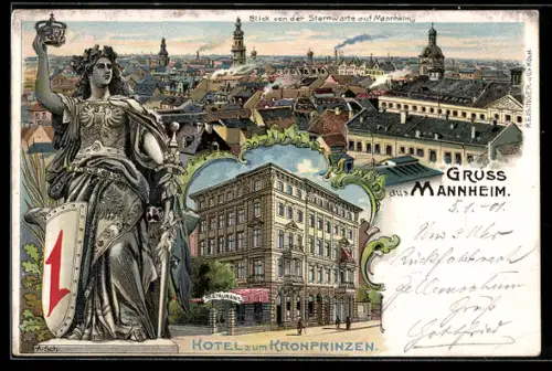 Lithographie Mannheim, Hotel zum Kronprinzen, Blick von der Sternwarte