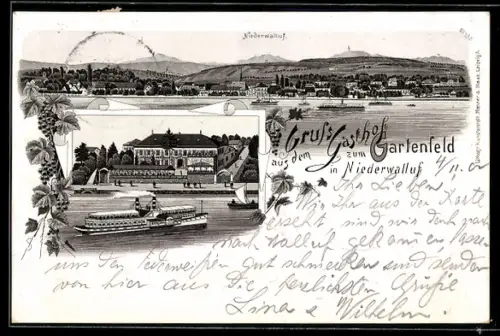 Lithographie Niederwalluf, Totalansicht mit Schiffen und Gasthof zum Gartenfeld
