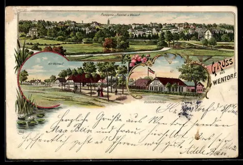 Lithographie Wentorf, Totalansicht des Ortes und Reinbek, Alt-Wentorf und Clublocal von E. Rathje